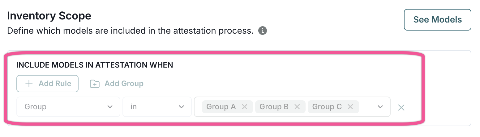 A screenshot of the inventory scope editor showing the process of adding a filter condition to filter for Group A, Group B, and Group C.